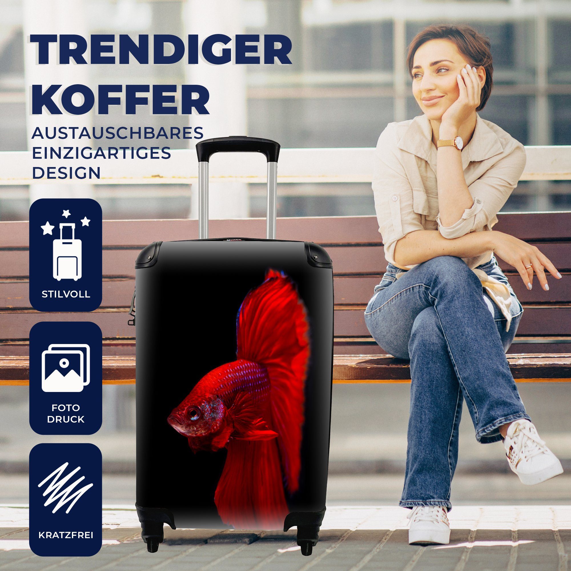 für Handgepäck MuchoWow mit rollen, Reisetasche Rollen, - Ferien, Handgepäckkoffer Fische Tiere Rot, - 4 Reisekoffer Trolley,