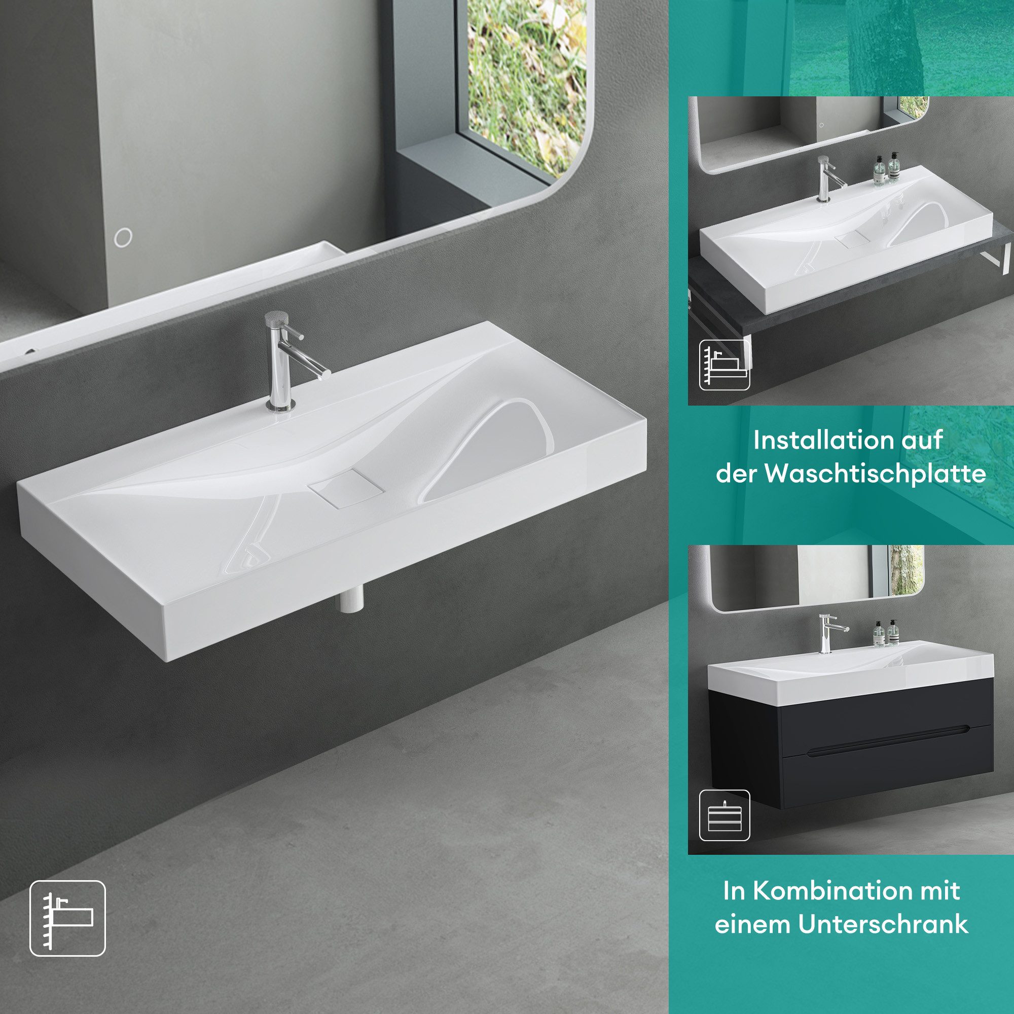Mai & Mai Waschbecken Col810 Hänge-Waschtisch Mineralguss 1 Armaturenloch recht-eckig – Bild 5 von 5