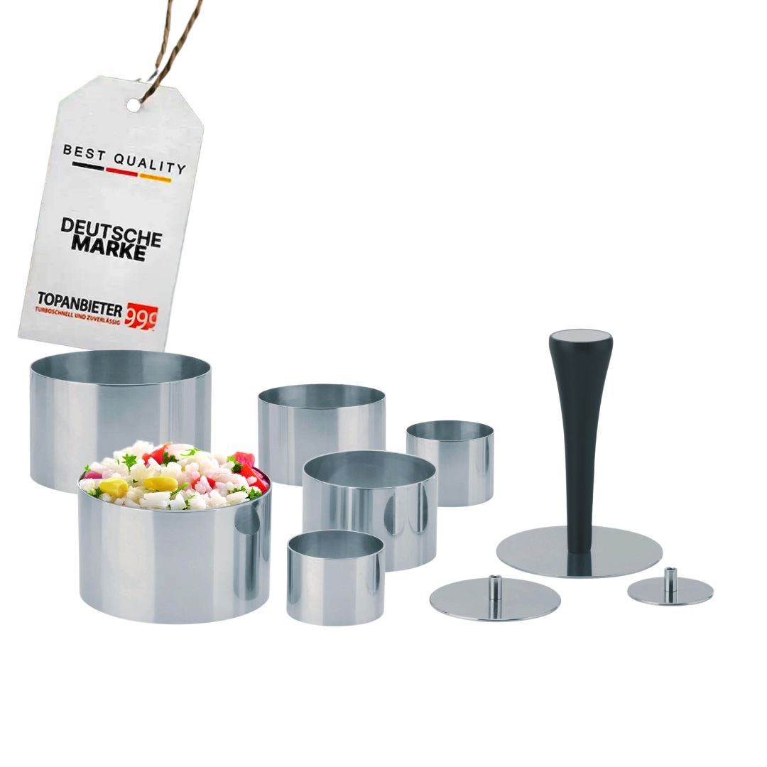 Topanbieter999 Speisering Edelstahl 10-teilig, Profi Speisenringe Ø 4/6/8 cm, mit Presse & Griff, Edelstahl