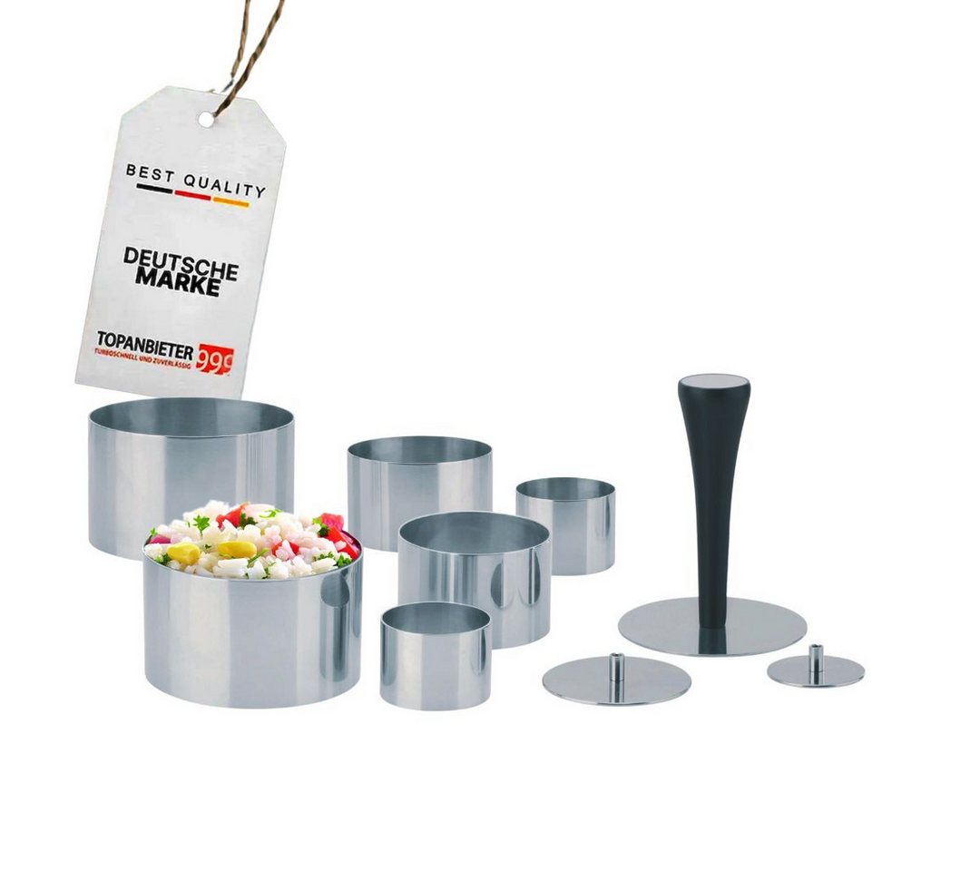 Topanbieter999 Speisering Edelstahl 10-teilig, Profi Speisenringe Ø 4/6/8 cm, mit Presse & Griff, Edelstahl