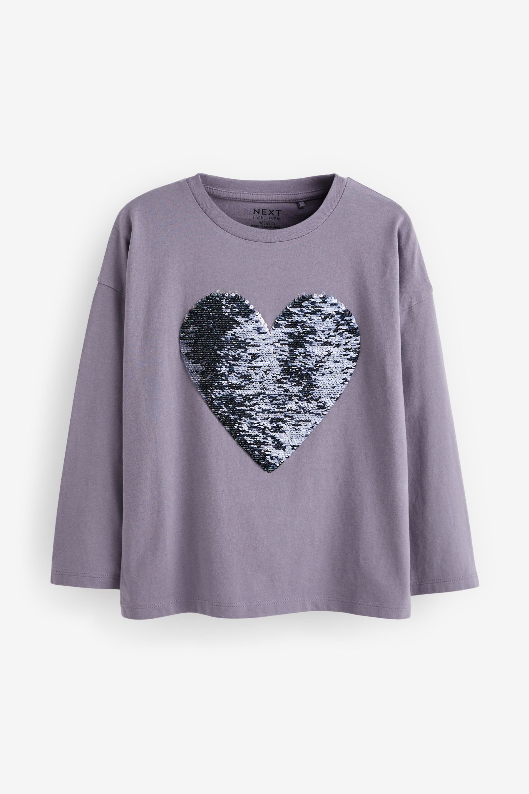 Next Langarmshirt Langärmeliges T-Shirt mit (1-tlg) Pailletten Herzmotiv aus Purple