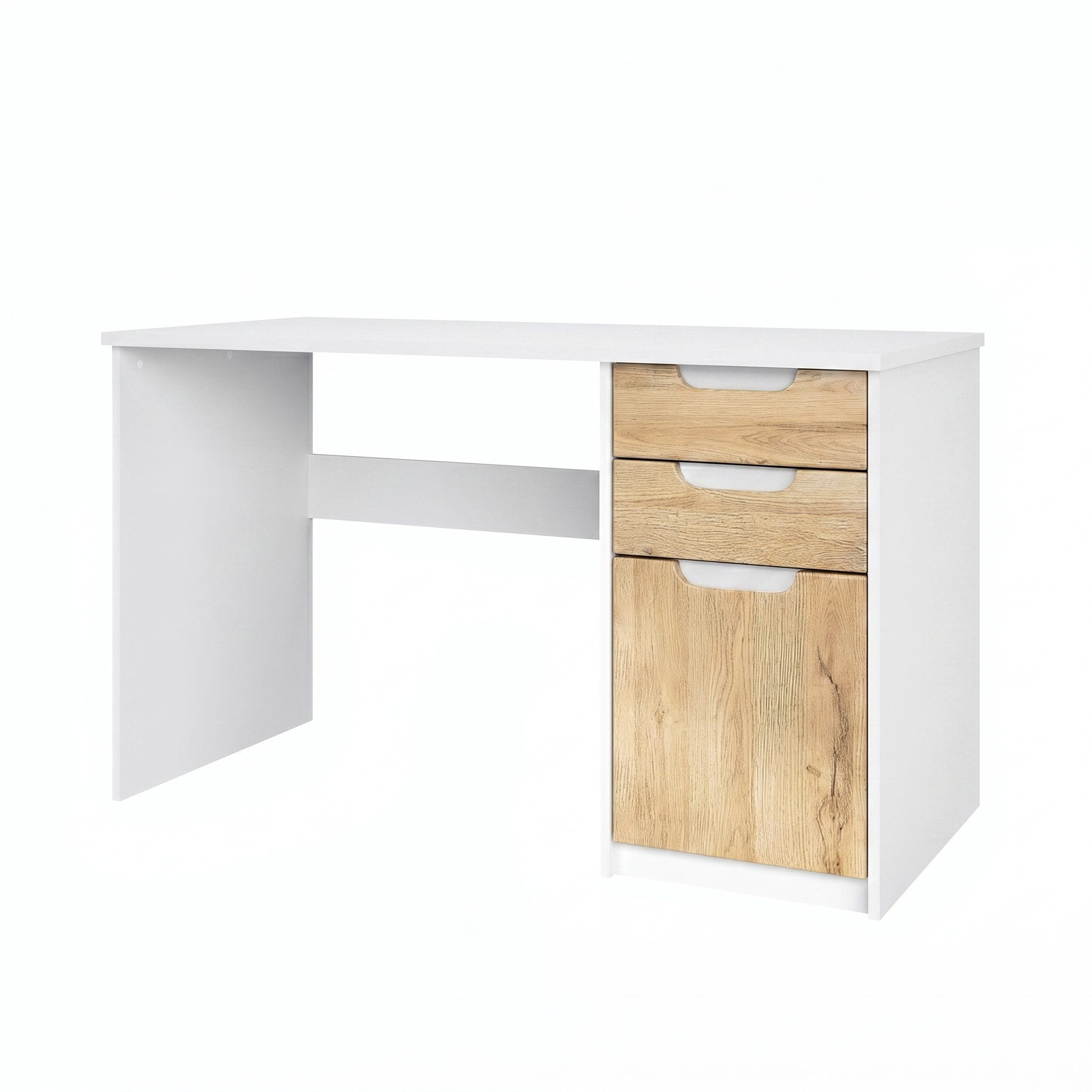 Vladon Schreibtisch Logan (Bürotisch, mit 2 Schubladen und 1 Tür), Weiß matt/Eiche Natur (129 x 76 x 60 cm)