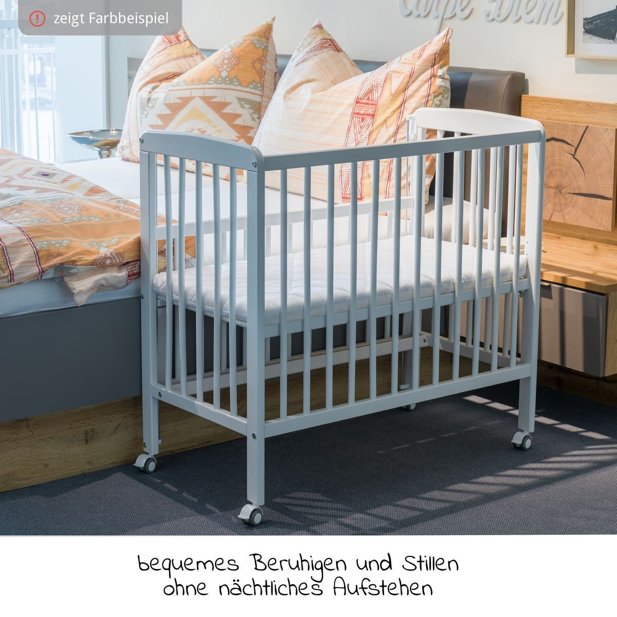 Fillikid Beistellbett Nino - Weiß, Stubenwagen Stubenbett auch für Boxspringbett verstellbar mit Rollen