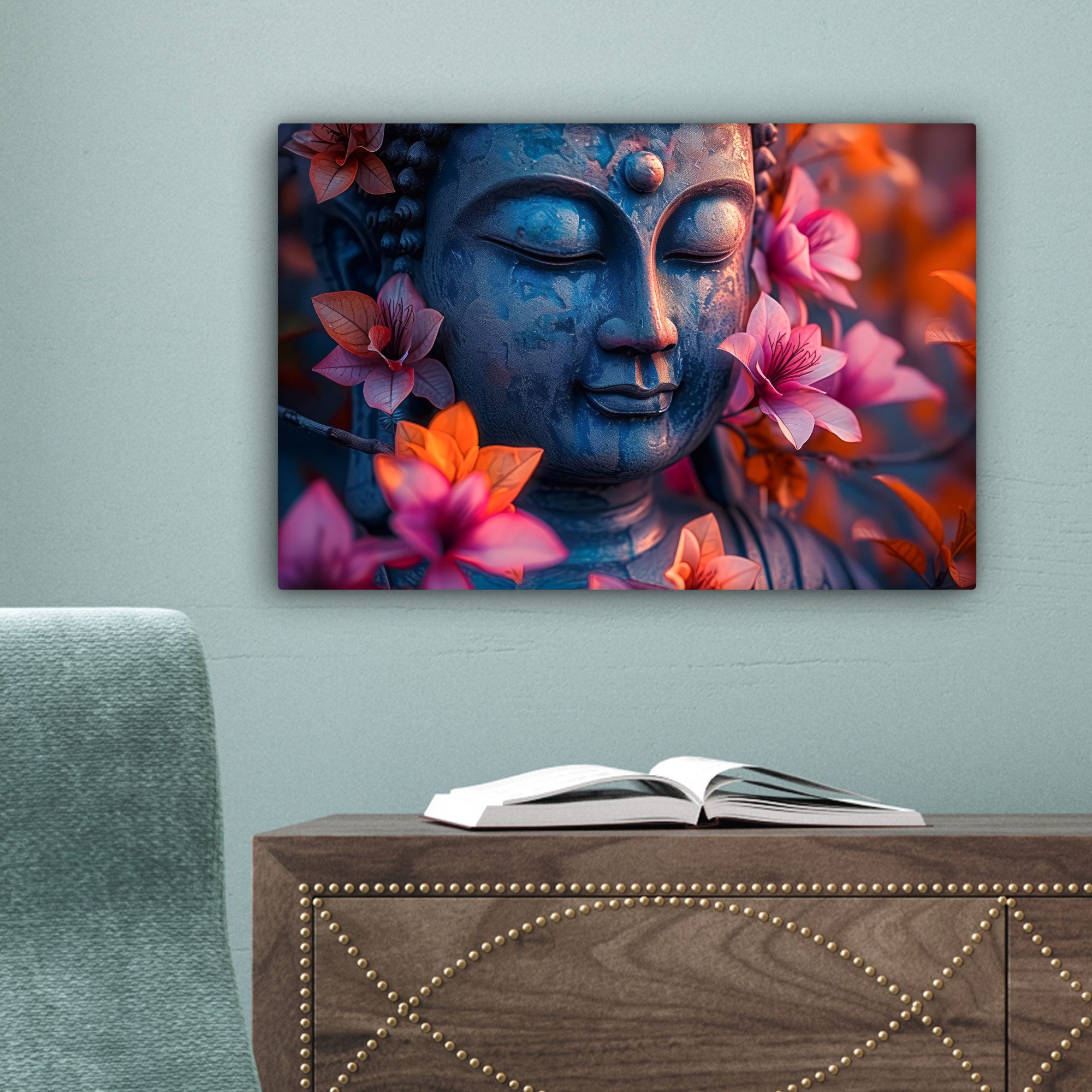OneMillionCanvasses® Leinwandbild Buddha - Porträt - Blumen - Bild, Fotodruck (1 St), Leinwand Bilder Klein, Wand Dekoration Aesthetic 30x20 cm – Bild 5 von 5