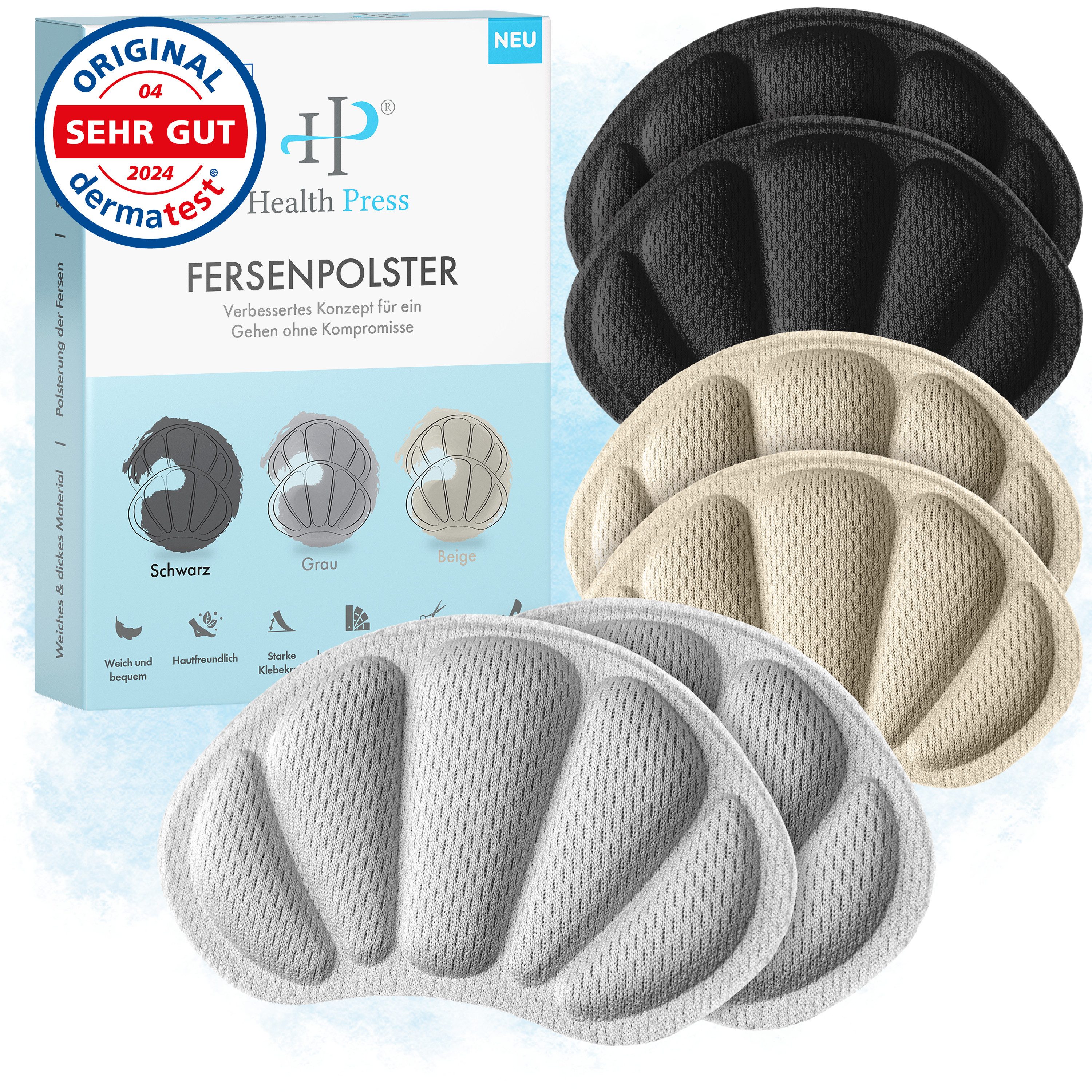 Health Press Fersenpolster Premium Fersenkissen - 3 Paar Schuheinlagen in Schwarz, Grau, Beige (Universell zuschneidbar, 6-tlg., Extra starke Klebekraft), Fersenschutz gegen Reibung und Blasen