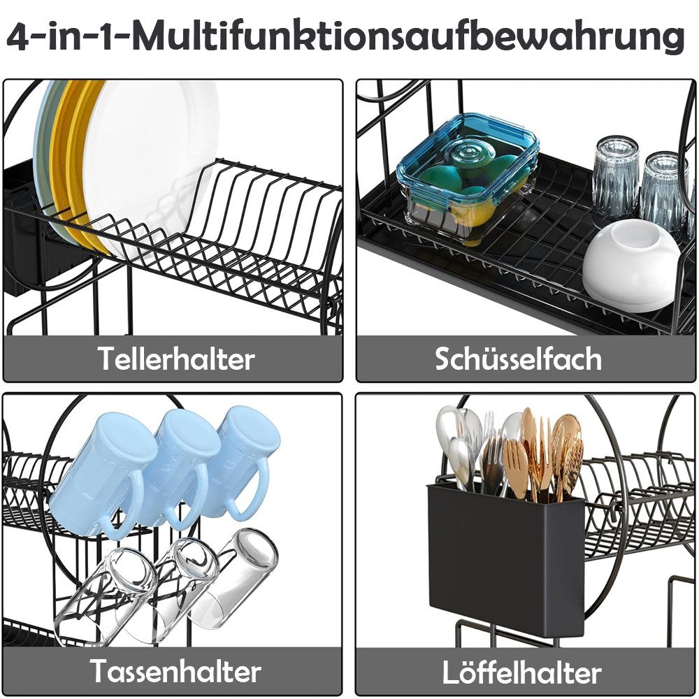 TUWENA Geschirrständer Abtropfgestell Geschirr, 2-stufiges Geschirrabtropfgestell Edelstahl, Edelstahl-Geschirrtrockner mit Utensilienhalter und Abtropfschale – Bild 3 von 5