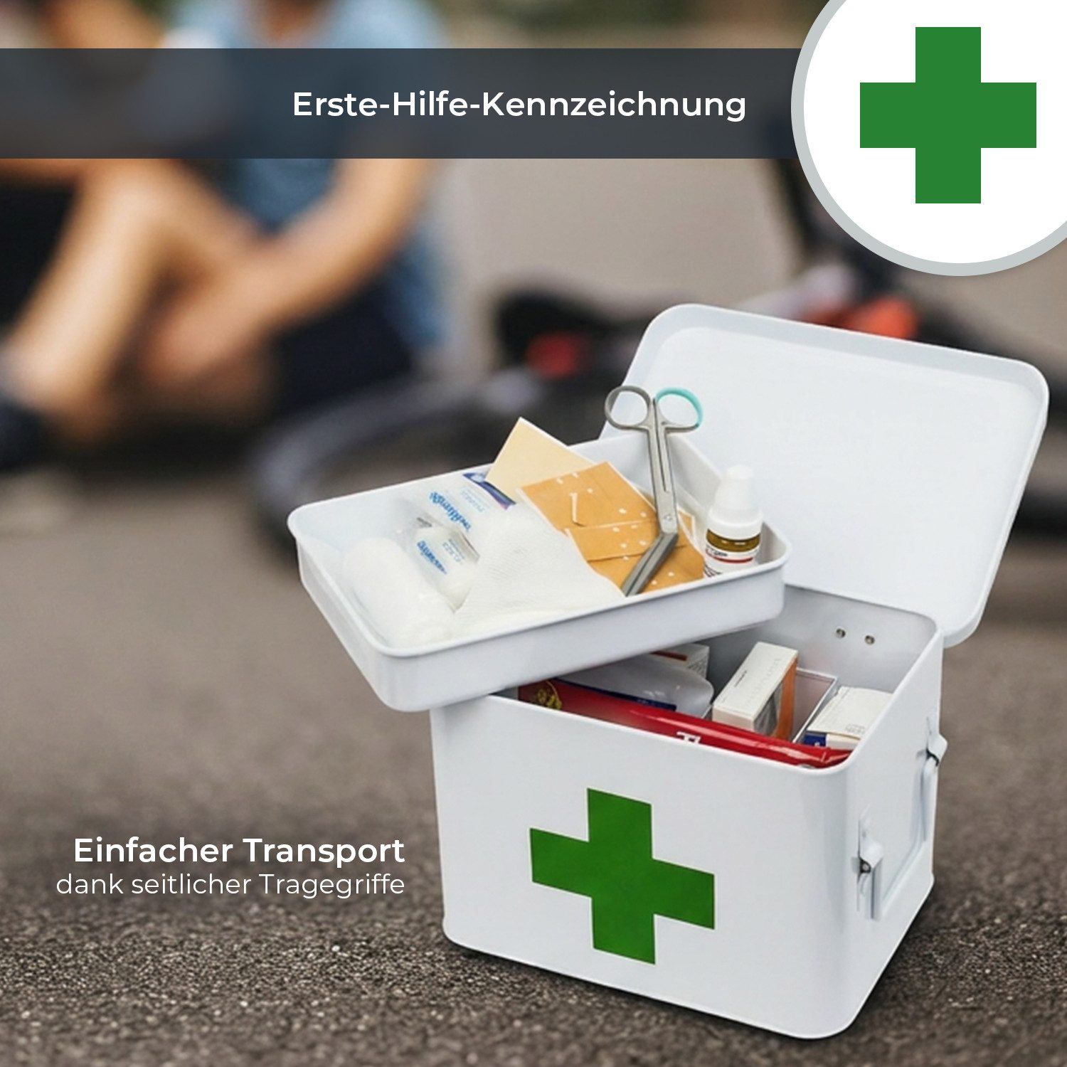 HMF Erste-Hilfe-Koffer Medizinkoffer, Hausapotheke, Medikamentenkoffer aus Metall, mit Tragegriffen, 22,5 x 16,5 x 15,5 cm, weiß