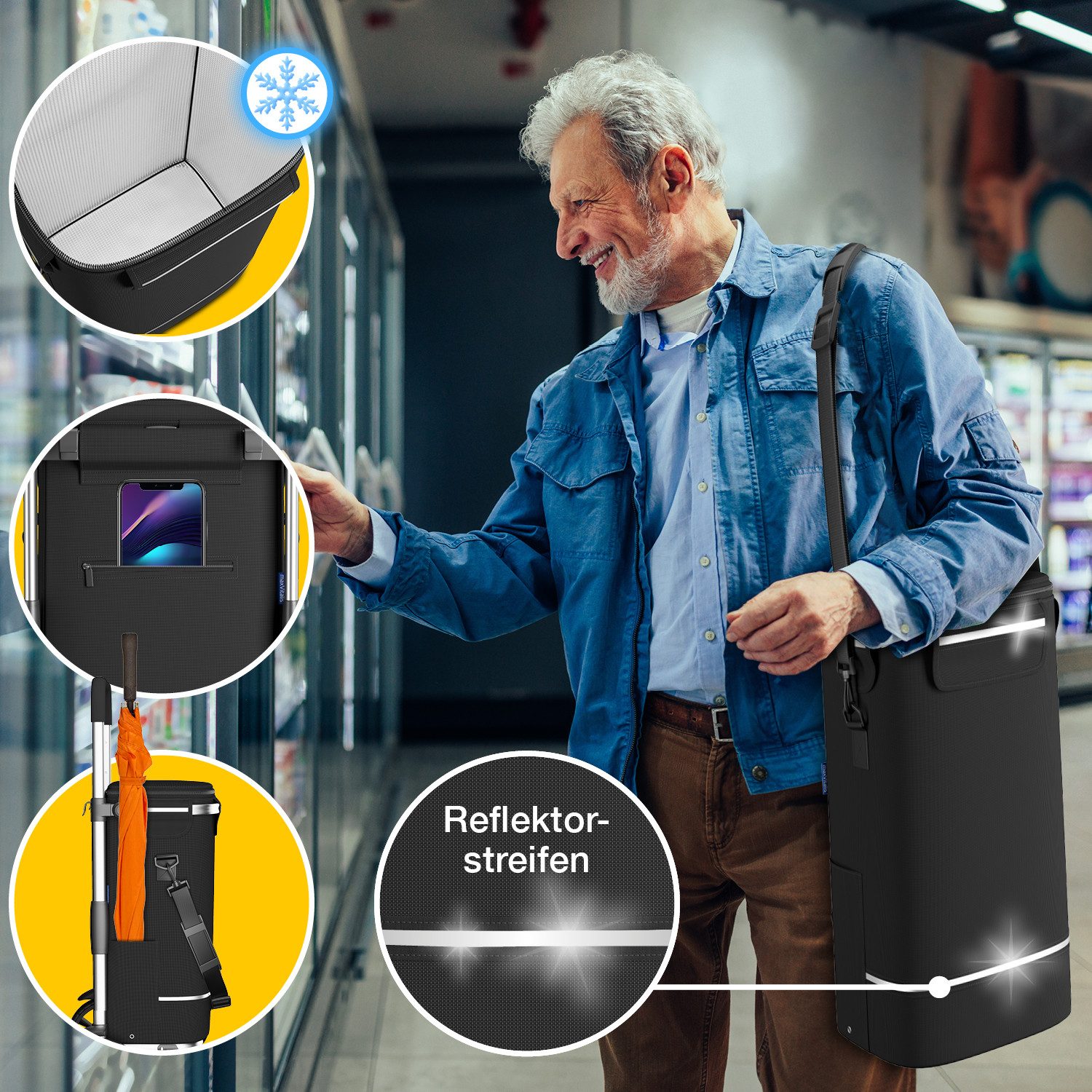 ELONEO Einkaufstrolley mit XXL-Kühlfach & praktischem Spanngurt für schwere Getränkekisten, 43 l, inkl. extra große abnehmbarer Tasche mit Schultergurt, klappbar