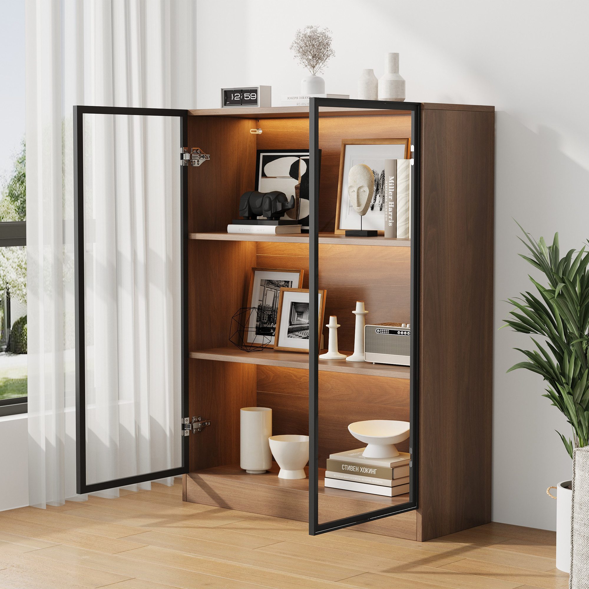 Flieks Glasvitrine mit LED-Beleuchtung und 2 Glastüren (1-St., T32/H106/B80 cm) Hochschrank Mehrzweckschrank Sammlervitrine mit 3 Ebenen Holzoptik