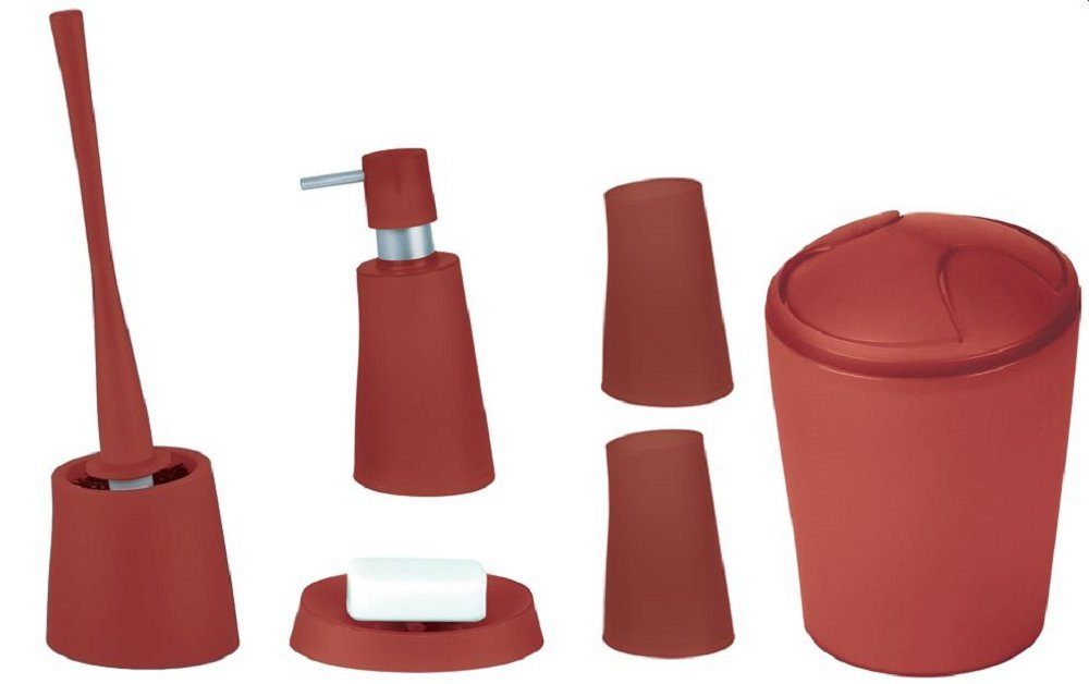 spirella Badaccessoires-Sets MOVE, Zubehör-Set aus hochwertigem Kunststoff PP, 6 tlg., bestehend aus: Kosmetik Schwingdeckeleimer 2L, WC-Bürste, Seifenspender, 2x Zahnputzbecher, Seifenschale, stylish-matter Frost Look, terracotta rot, Komplett-Set Badezimmerzubehör, 6 tlg.