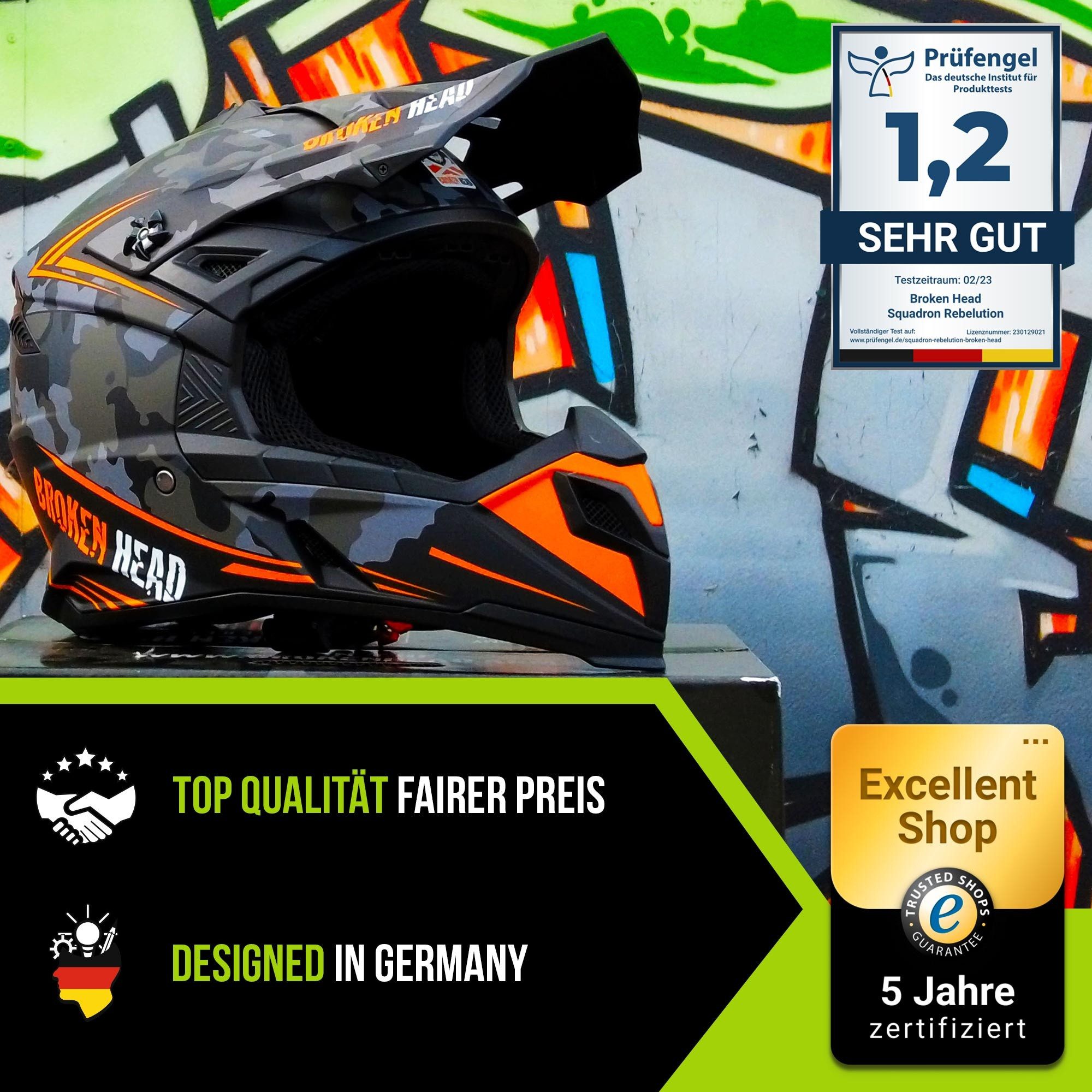 Broken Head Motocrosshelm Squadron Orange (Mit MX-2 Brille Orange), Zwei Verschlüsse