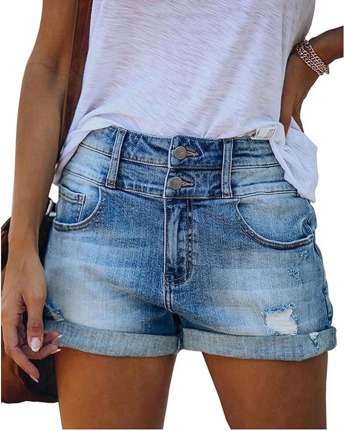 FIDDY Jeansshorts Damen-Jeansshorts – hoch taillierte, zerrissene Sommerjeans –Hotpants