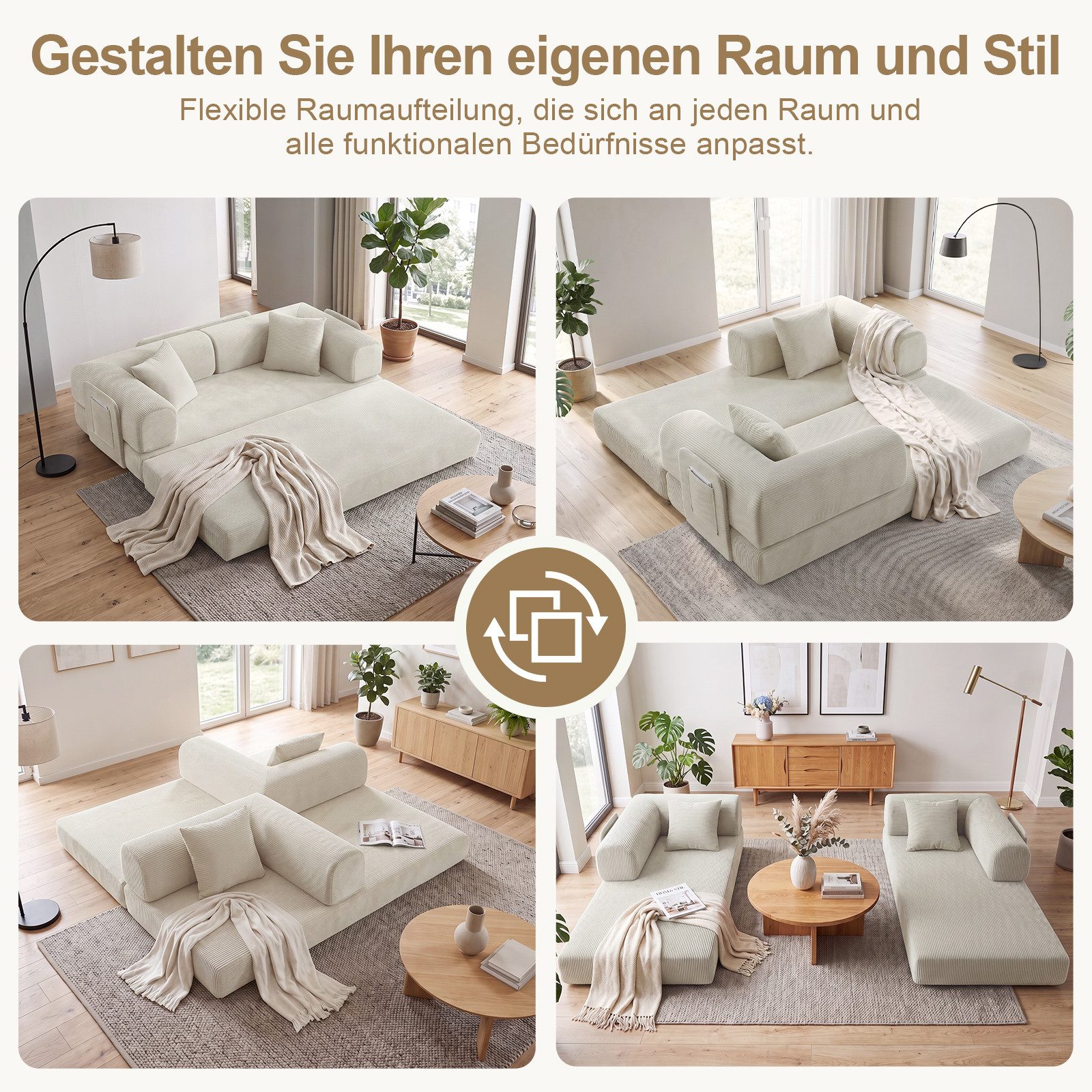 ANYSUN 3-Sitzer 4-in-1 Cord-Schlafsofa, lappbares Bodensofa,Knochenloses Sofa, Schlafsofa Klappbar mit 2 Kissen & Stahlgeste, Tatami-Bodensofa für Wohnzimmer, Schlafzimmer und Wohnungen