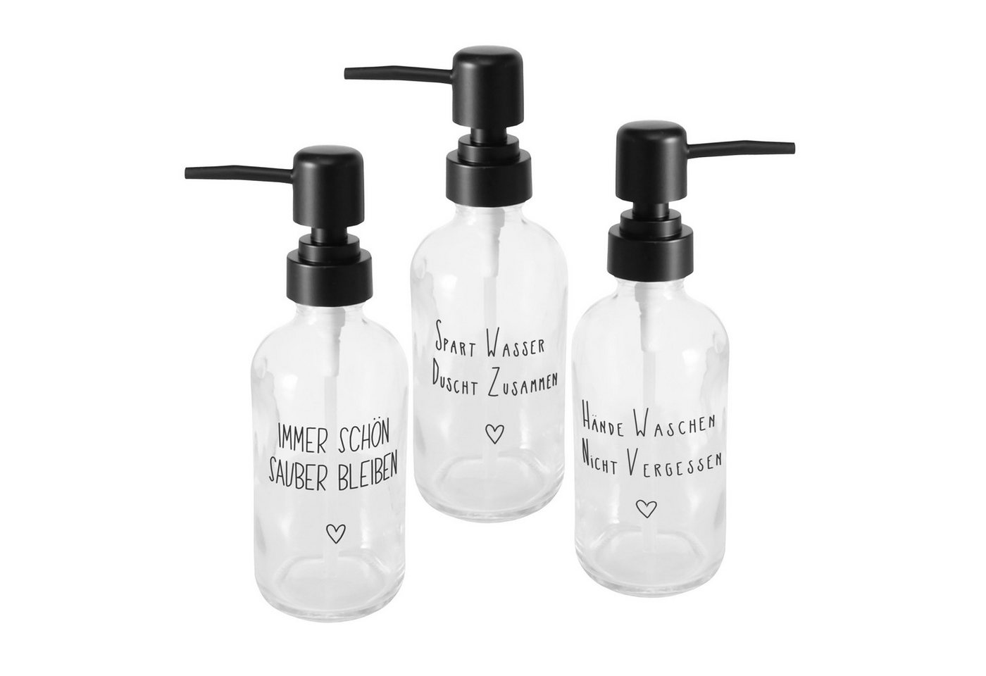 Spetebo Seifenspender Glas Pumpspender mit Spruch, (Set, 3-tlg., je 250 ml), nachfüllbar