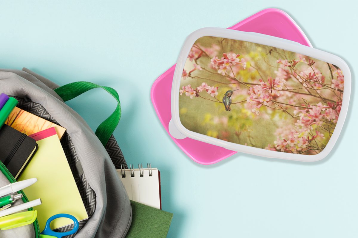 MuchoWow Lunchbox Kinder, (2-tlg), Brotbox Rosa, Blüte Kunststoff, Erwachsene, Snackbox, für Vogel - - - Kolibri Mädchen, Kunststoff Brotdose