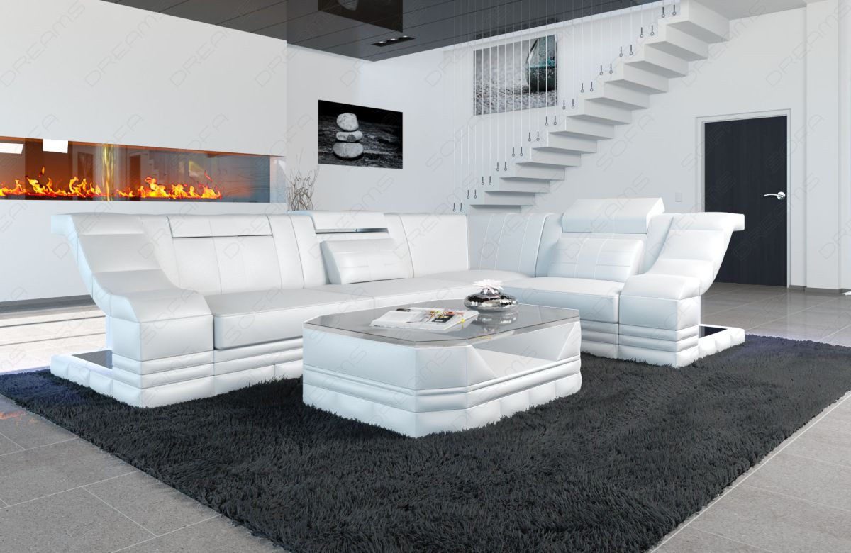 Sofa Dreams Ecksofa Ledersofa Bianchi L Form Mini, Designersofa, Sofa mit Beleuchtung und USB