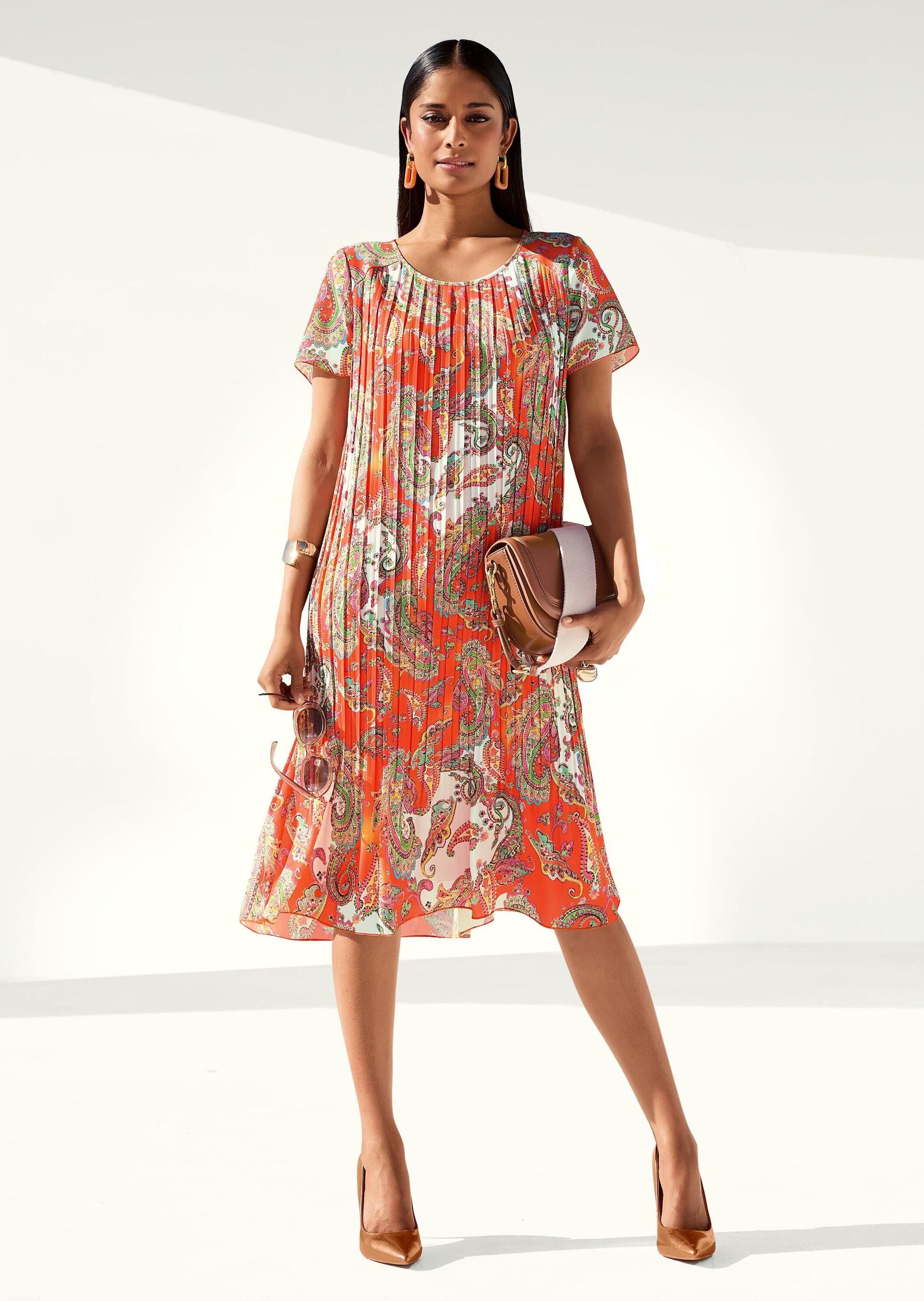 MADELEINE Midikleid Stilvolles Faltenkleid mit Paisley-Muster Freizeitkleid mit Rundhals, Plisseefalten und Halbarm