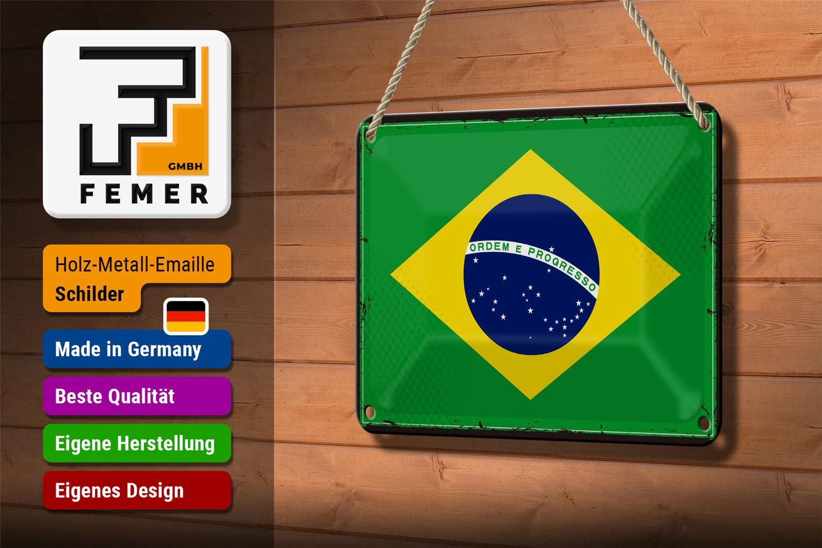 Femer GmbH Metallschild Flagge Brasiliens 18x12cm Retro Flag of Brazil, (1 St), gewölbte Oberfläche, abgerundete Ecken, umgeschlagene Kanten