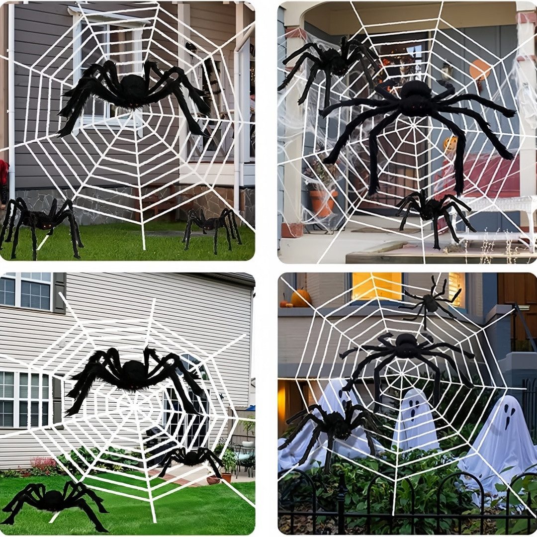 FOUORTUNATE-BEE Hängedekoration 3er Set Halloween Spinnen mit Spinnennetz, schwarze Gruseldeko Party, Große Halloween Spinnen mit Netz für Garten, Fenster und P – Bild 4 von 5
