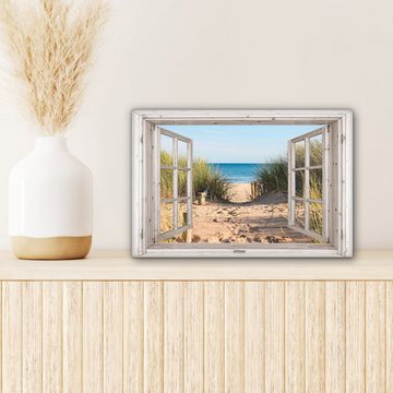 OneMillionCanvasses® Leinwandbild Durchblick - Strand - Meer - Dünen - Sand - Wasser - Hochgras, (1 St), Wandbild Leinwandbilder, Aufhängefertig, Wanddeko, 30x20 cm