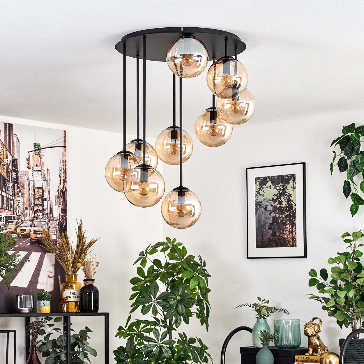 hofstein Deckenleuchte Deckenlampe aus Metall/Glas in Schwarz/Bernsteinfarben, Deckenleuchte im Retro/Vintage-Design (Schirme Ø 15 cm), 9 x E14