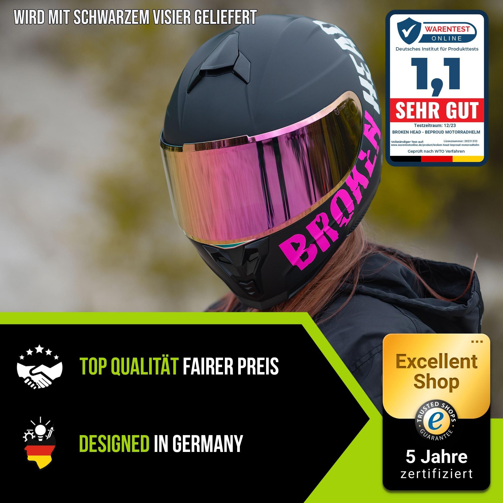 Broken Head Motorradhelm BeProud Sport Pink (Mit schwarzem Visier), inklusive 2 Visieren