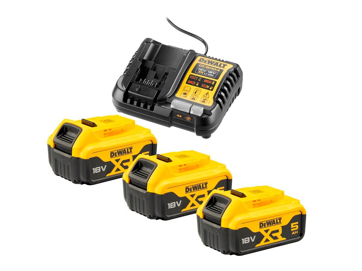 DeWalt (3x 18V/5Ah plus DCB1104) Akku-Set 5000 mAh (18 V), Schutz vor Überlastung, Überhitzung und Tiefenentladung, LED-Anzeige