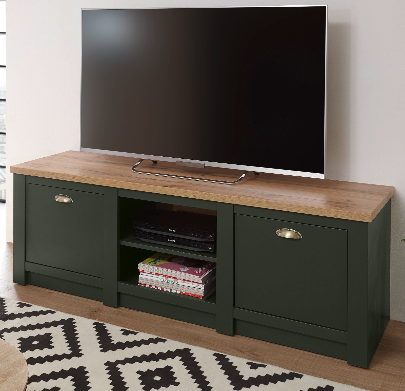 Furn.Design TV-Board Norwich (Unterschrank in dunklem grün mit Wotan Eiche, 152 x 51 cm), Landhausstil