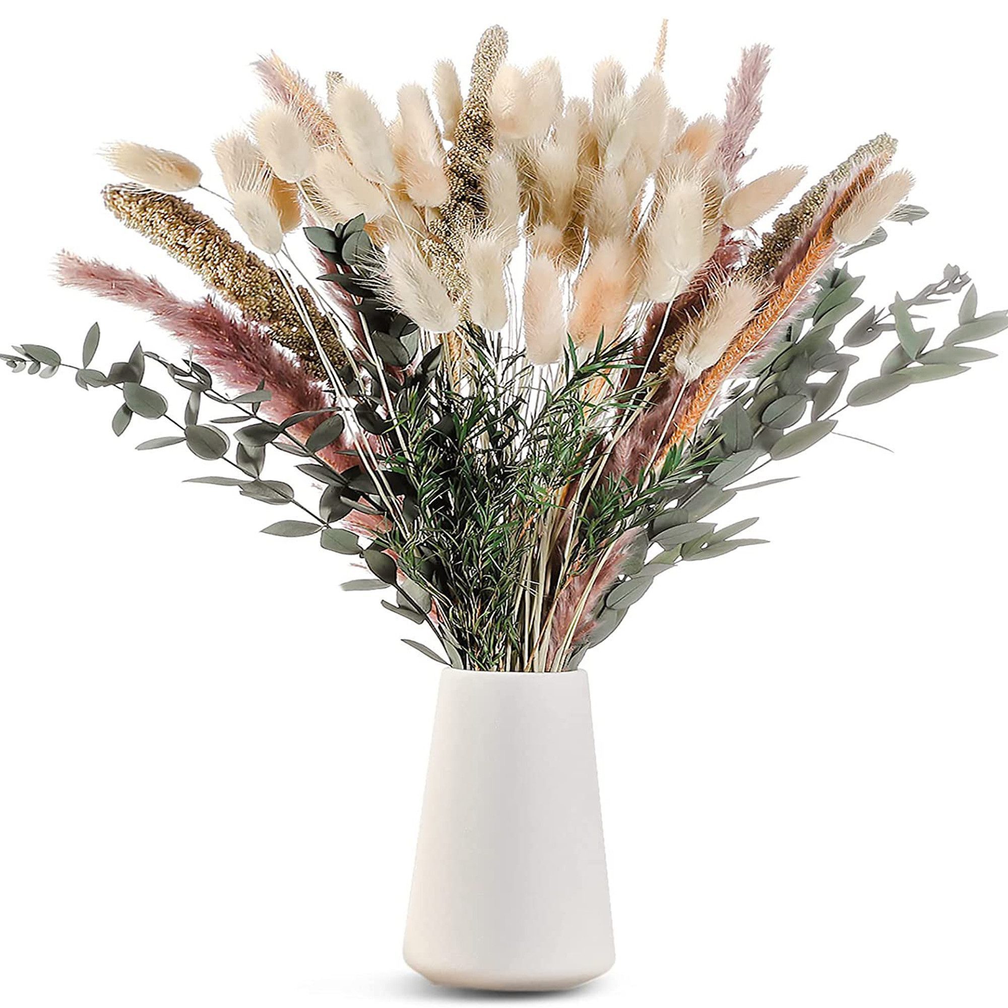 Trockenblume 100% Natürliche Trockenblumen,Pampasgras Trockenblumen Deko 85 Stück Pampasgras Getrocknet, Flauschige Eukalyptus Pampasgras Getrocknete Blume, Fyrove, Trockenblumenstrauß für Hochzeit Boho Deko Wohnzimmer Tischdeko