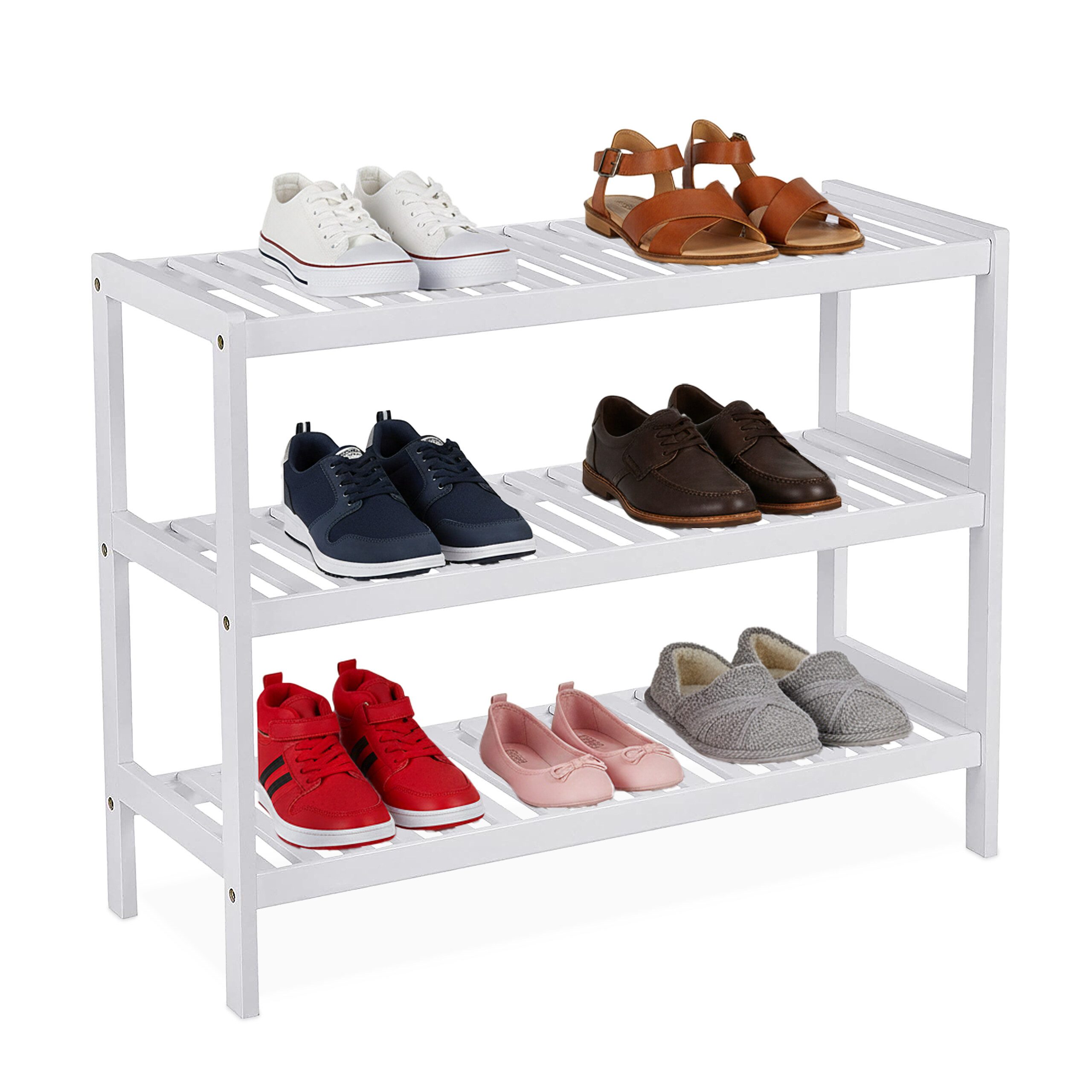 relaxdays Schuhregal aus Bambus, 1-tlg., weiß, 3 Ablagen
