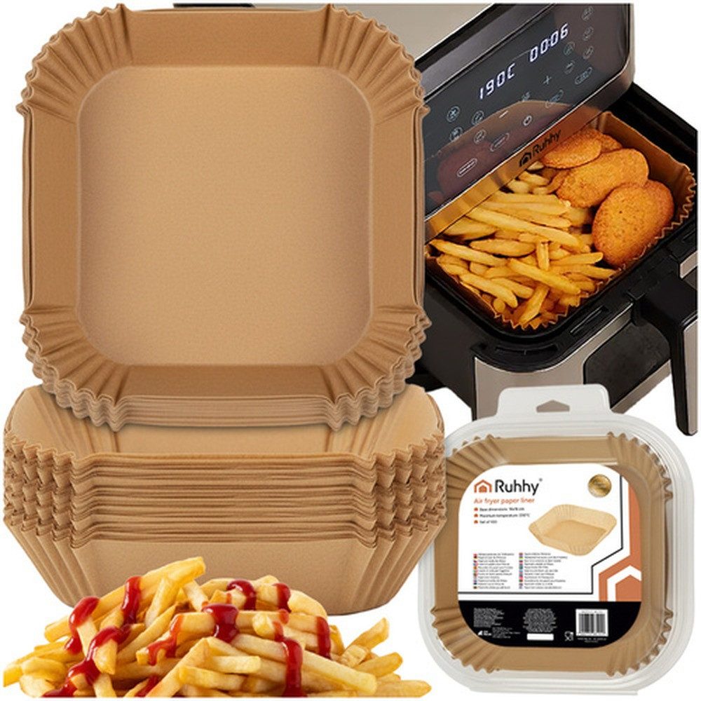 Ruhhy Frittiereinsatz Papiereinlage Heißluftfritteuse Unterlage, (Spar-Set, 100-tlg), Einwegschalen für stressfreies Kochen ohne Schrubben