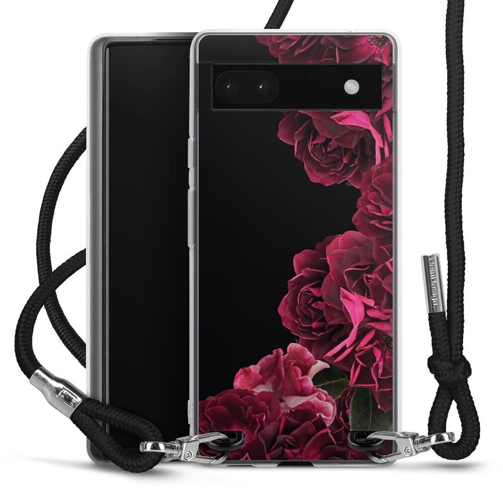 DeinDesign Handyhülle Rose Vintage pink Vintage Rosen auf Schwarz, Google Pixel 6a Handykette Hülle mit Band Case zum Umhängen
