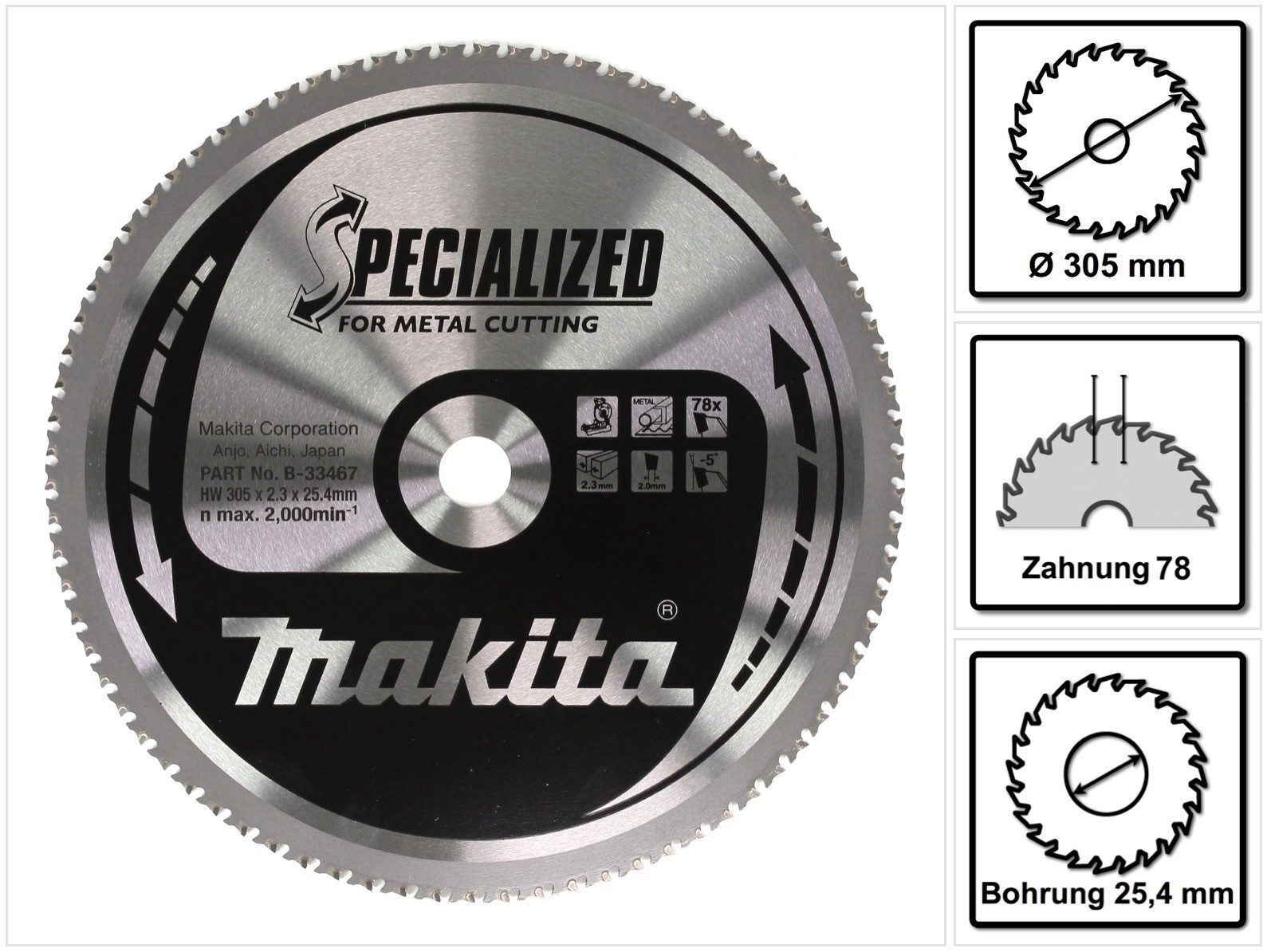 Makita Kreissägeblatt SPECIALIZED für Metall 305 x 25,4 x 2,3 mm 78 Zähne (B-33467)