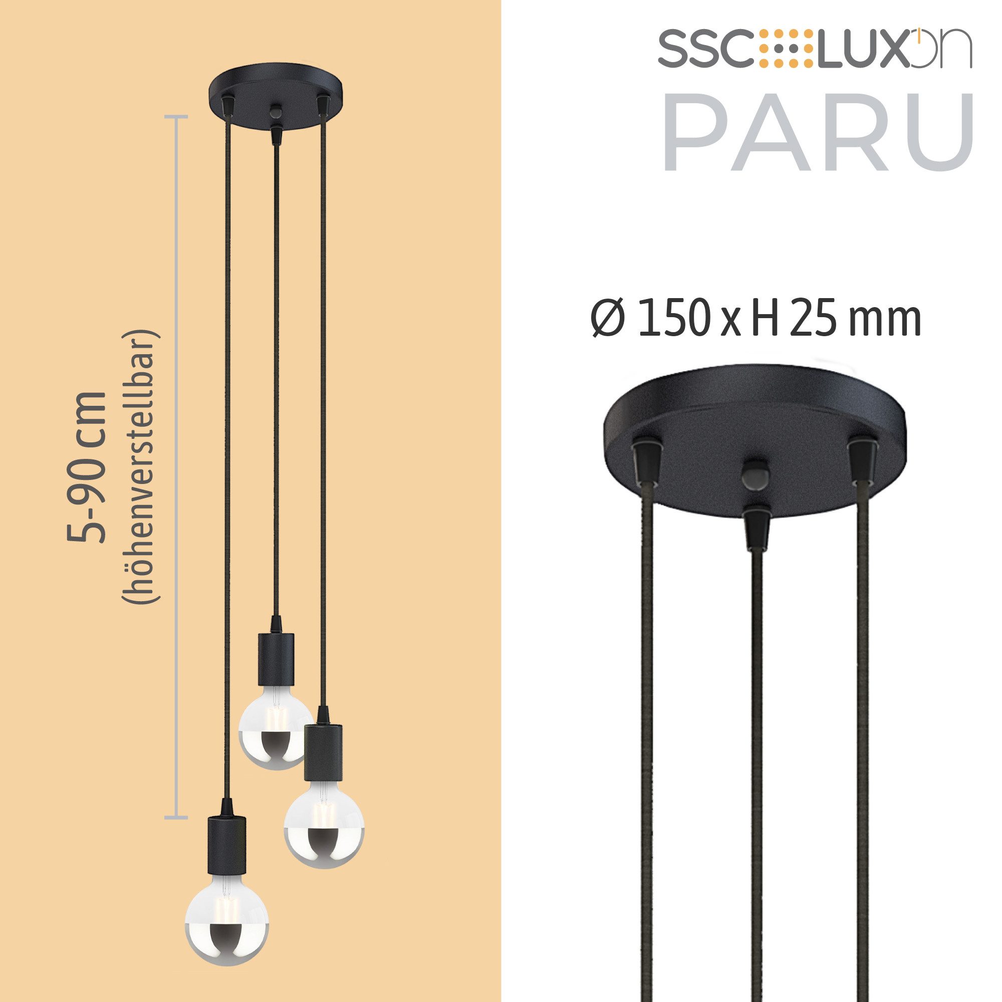 SSC-LUXon LED-Hängeleuchte Pendellampe PARU 3er mit E27 LED Spiegel Globe warmweiß 7W, Warmweiß