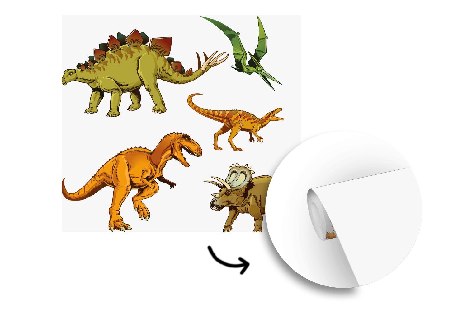 Zeichnung Montagefertig für Kinder, Wohnzimmer, Dinosaurier Wandtapete - (5 Jungen Tapete bedruckt, MuchoWow St), Vinyl Matt, - Fototapete -