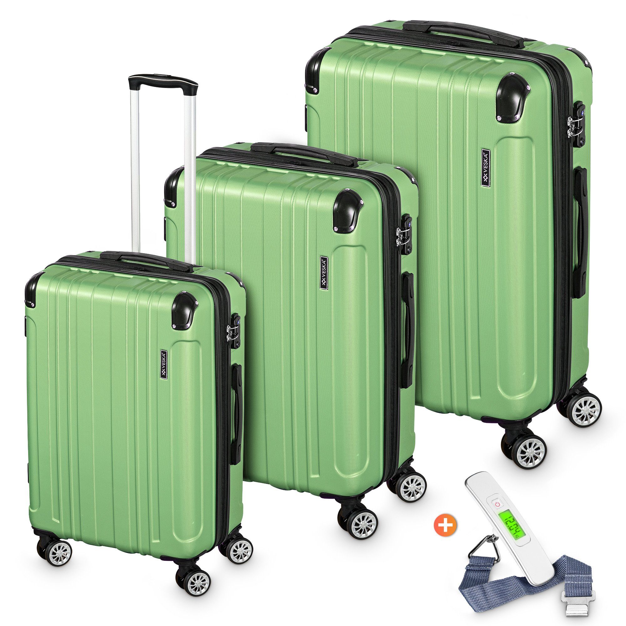 VESKA Trolleyset Hartschalenkoffer Kofferset 3 teilig mit TSA Zahlenschloss 4 Rollen, ABS-Hartschale, Reisekoffer Trolley Rollkoffer Koffer oliv-grün