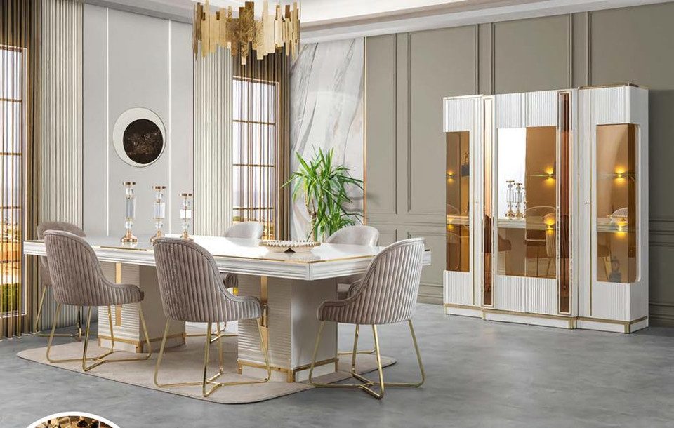 JVmoebel Esszimmer-Set Esstisch Стулья Vitrine Weiß Essgarnitur Essgruppe Esszimmer 8tlg. Set, (8-St., 8tlg. Esszimmer Set (Esstisch + 6x Стулья + Vitrine), Made in Europa