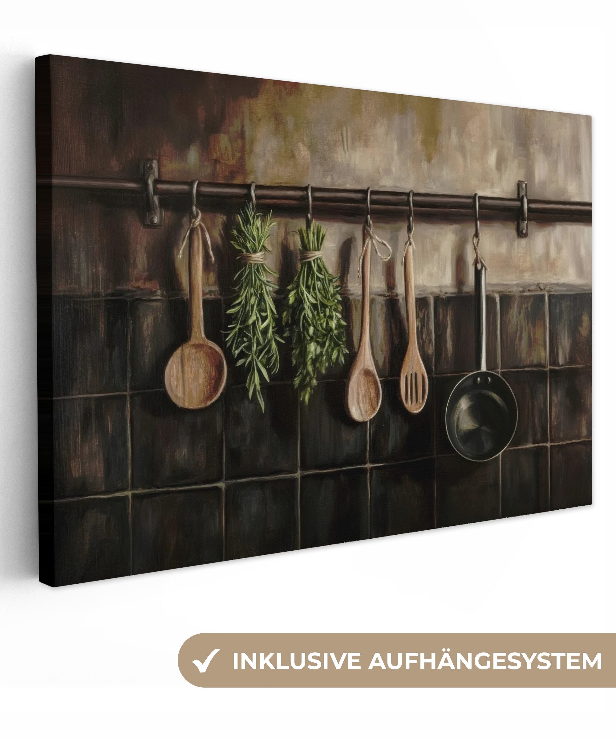 OneMillionCanvasses® Leinwandbild Küchengeräte - Rustikal - Kacheln - Gewürze, Fotodruck (1 St), Leinwand Bilder Klein, Wand Dekoration Aesthetic 30x20 cm