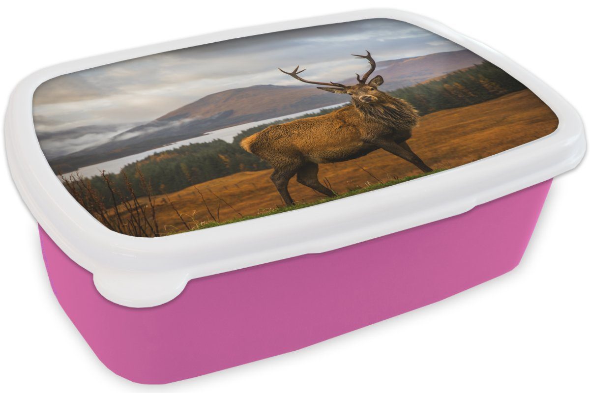 MuchoWow Lunchbox Tiere Snackbox, - rosa - - Bäume, - Brotdose Erwachsene, für Kunststoff Kinder, Mädchen, - Brotbox Wasser Hirsche Landschaft (2-tlg), Kunststoff, Berge