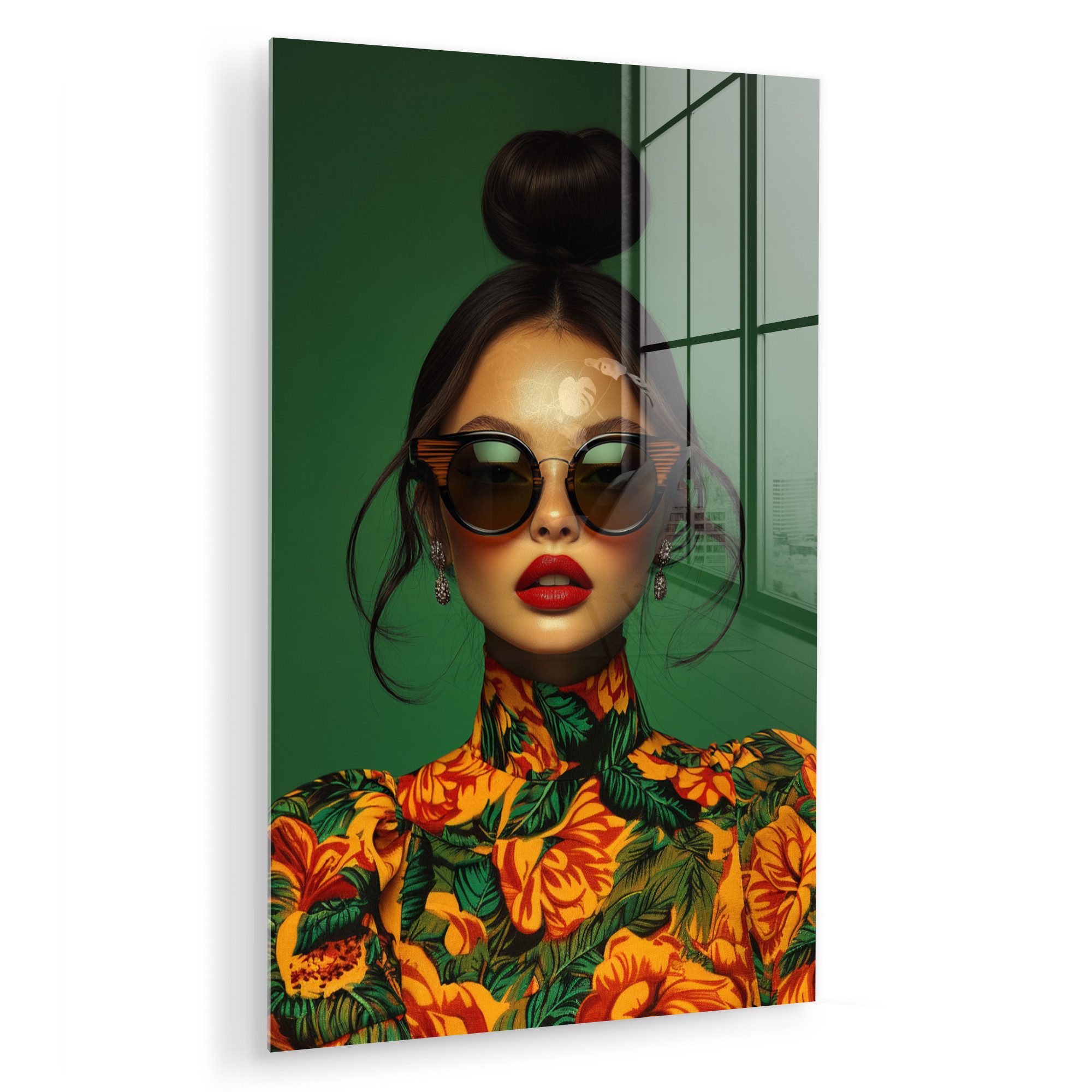 MuchoWow Acrylglasbild Frau - Grün - Modern - Brille - Abstrakt, Inkl. Aufh günstig online kaufen