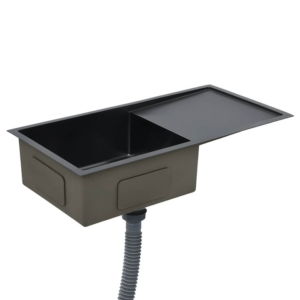 vidaXL Granitspüle Handgefertigte Küchenspüle Schwarz Edelstahl, 44/87 cm – Bild 4 von 5