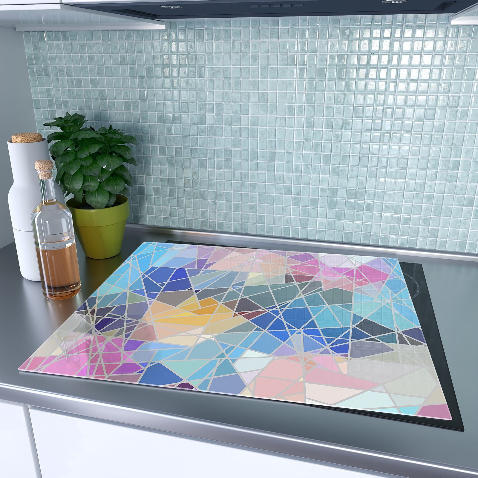 Geometrische Herd-Abdeckplatte aus Primedeco tlg) bunte Spritzschutz Glas Formen, (1 Glas, Herdabdeckplatte