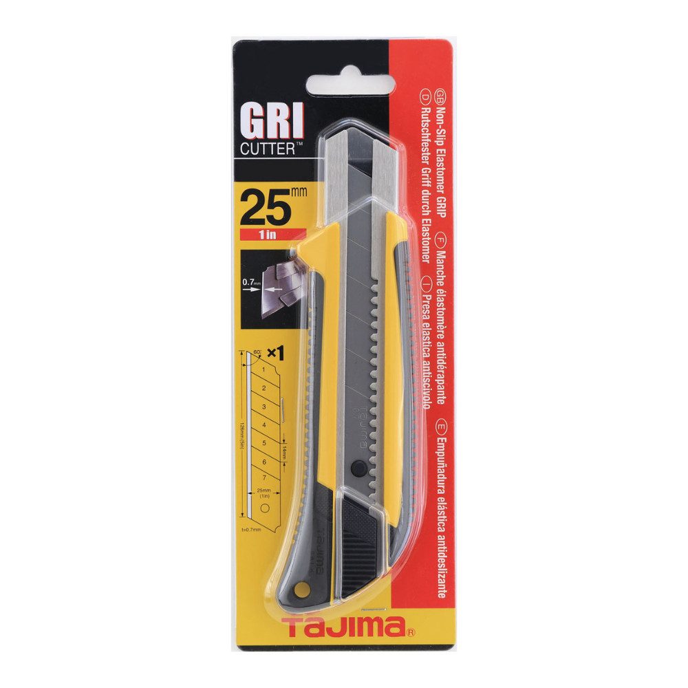 Tajima Cuttermesser GRI Cuttermesser 25mm mit Endura Klinge, Klinge: 2,5 cm, Hochleistungscutter 25mm mit Elastomer-Griff, ENDURA-Klinge