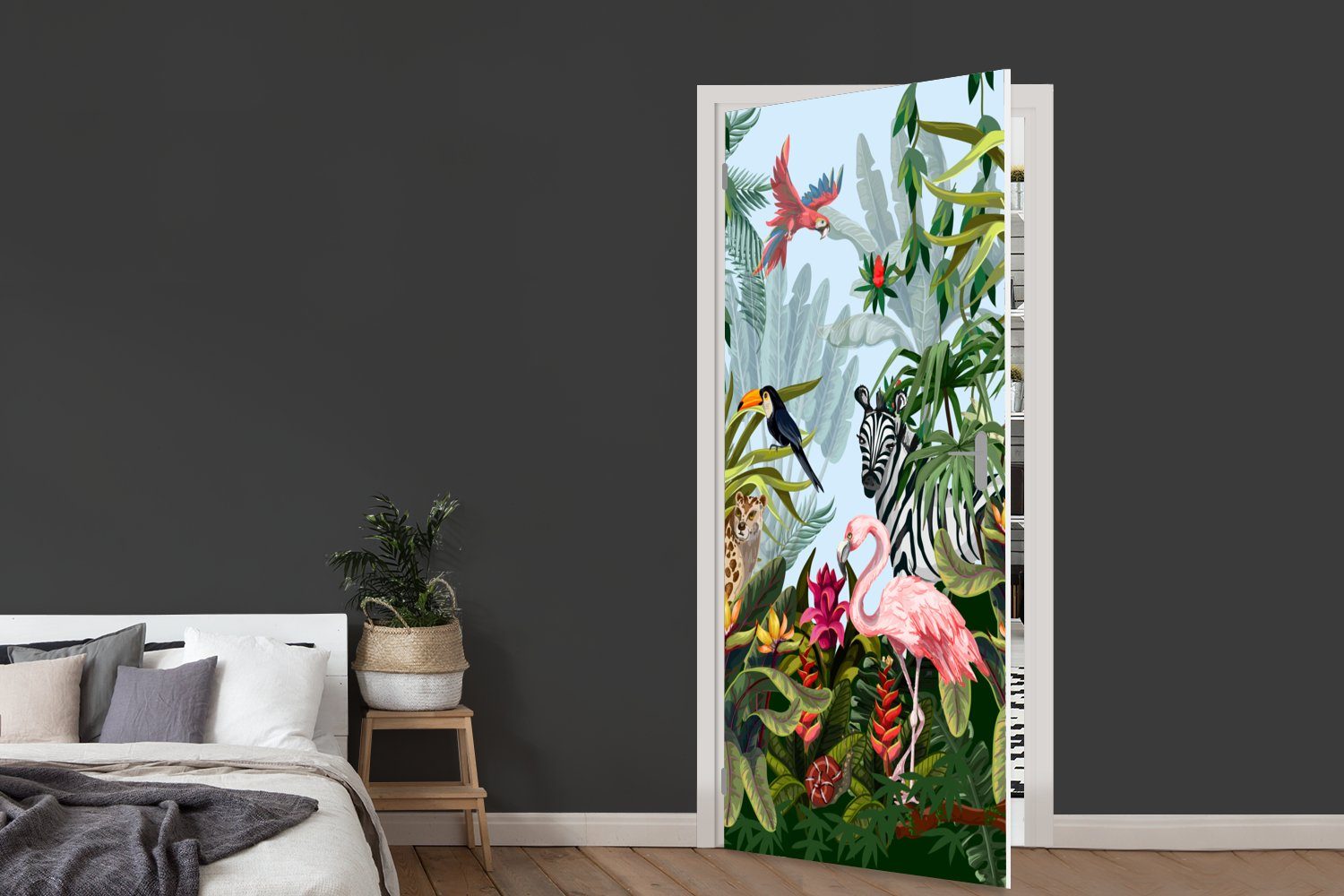 MuchoWow Türtapete Dschungel - Natur 75x205 cm bedruckt, Matt, - Fototapete Jungen Mädchen Zebra Kinder - St), Tür, - Türaufkleber, - Flamingo, - für (1