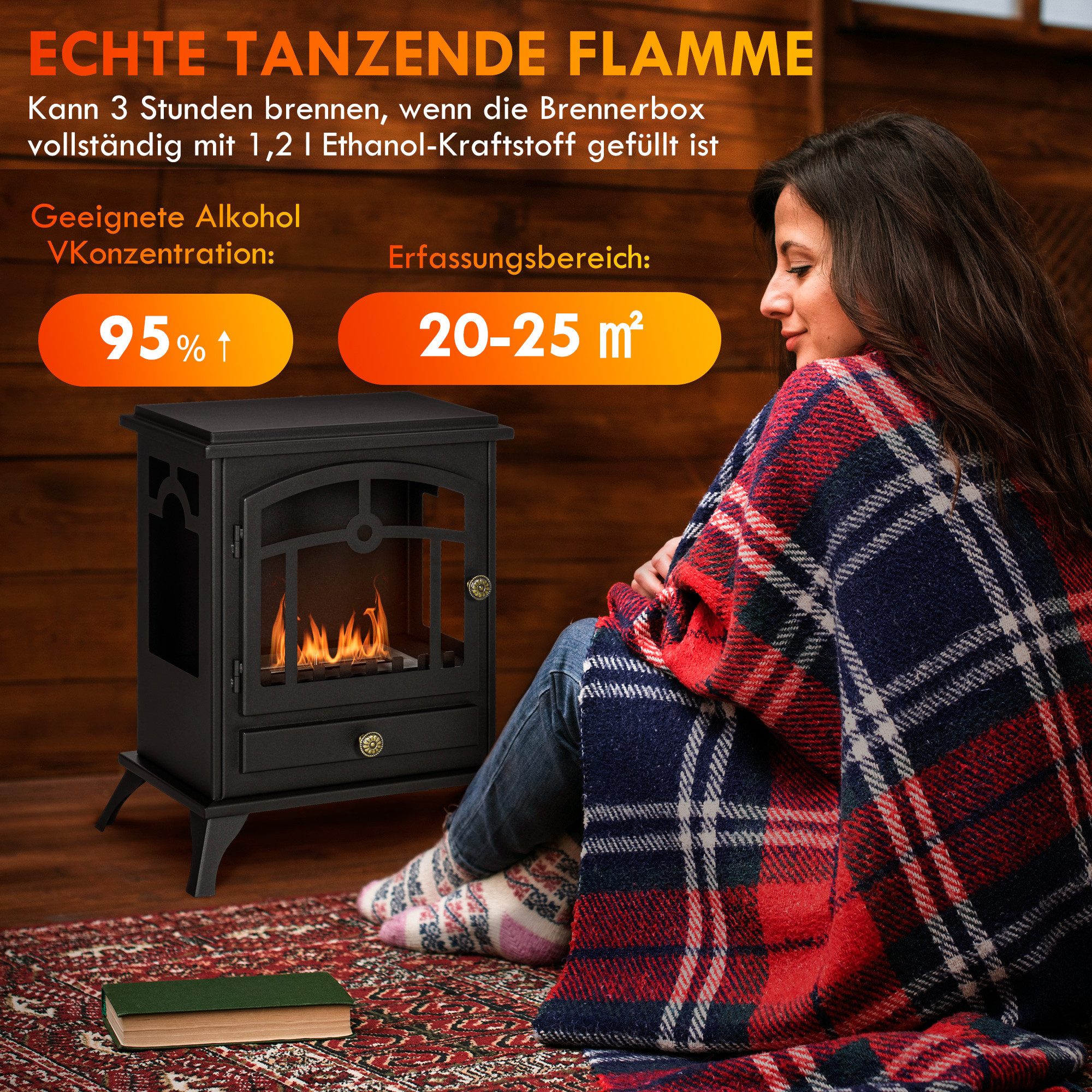 HOMCOM Echtfeuer-Dekokamin Ofen 7000BTU mit Feuerdeckel, mit 3h Brenndauer, Standkamin 25 m² (mit 1,2L Fassungsvermögen, 2-St., Ethanol-Kamin), mit Bioethanol B – Bild 4 von 5
