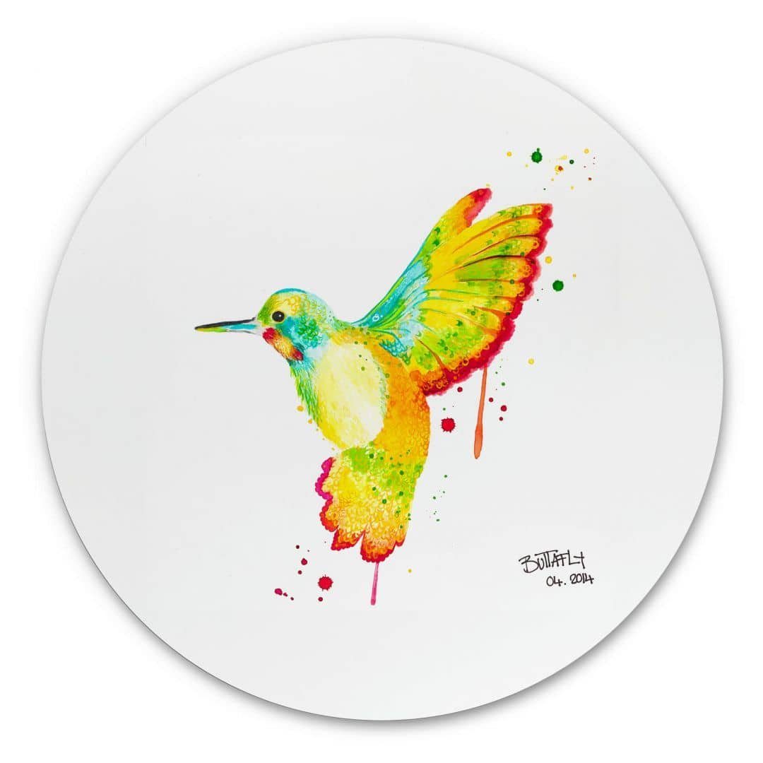 K&L Wall Art Alu-Dibond-Druck Metallbild Rund Kolibri Grafitti Straßenkunst bunte Wanddeko, Metalloptik Wandbild Ø 30cm, Metall Wandbild fürs Wohnzimmer Metallschild inkl. Wandhalterung