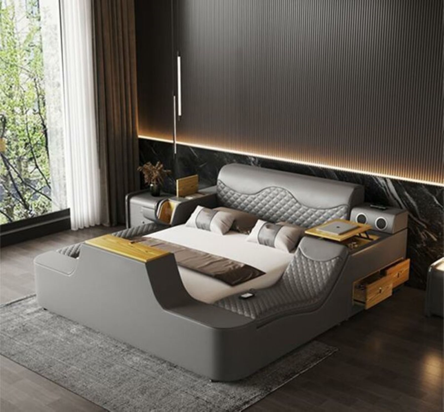 Multimediabett Luxus Polsterbett mit Massagefunktion und Bluetooth-Funktion