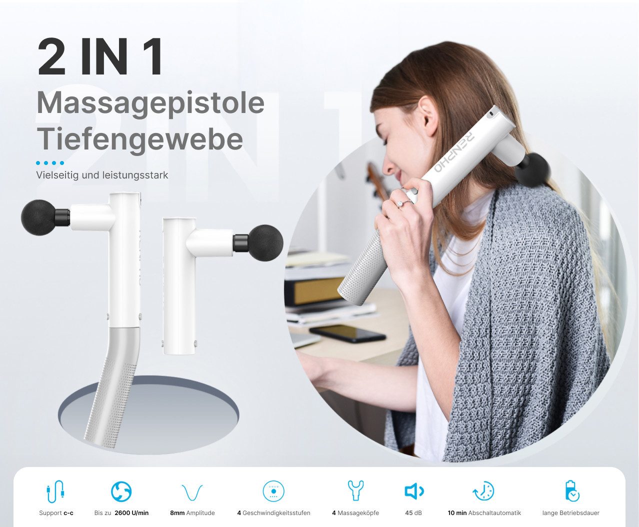 RENPHO Massagepistole Renpho Extend Massage Gun C004, Inkl.Verlängerungsgriff für schwer zu erreichende Stellen