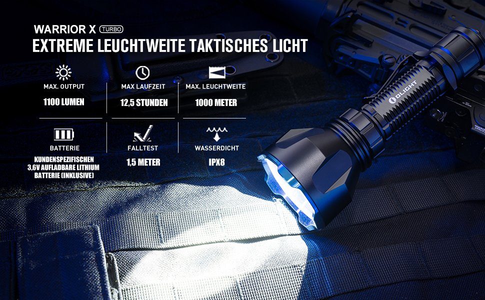 Lumen Turbo schwarz OLIGHT X Taschenlampe Warrior 1100 LED Taschenlampe