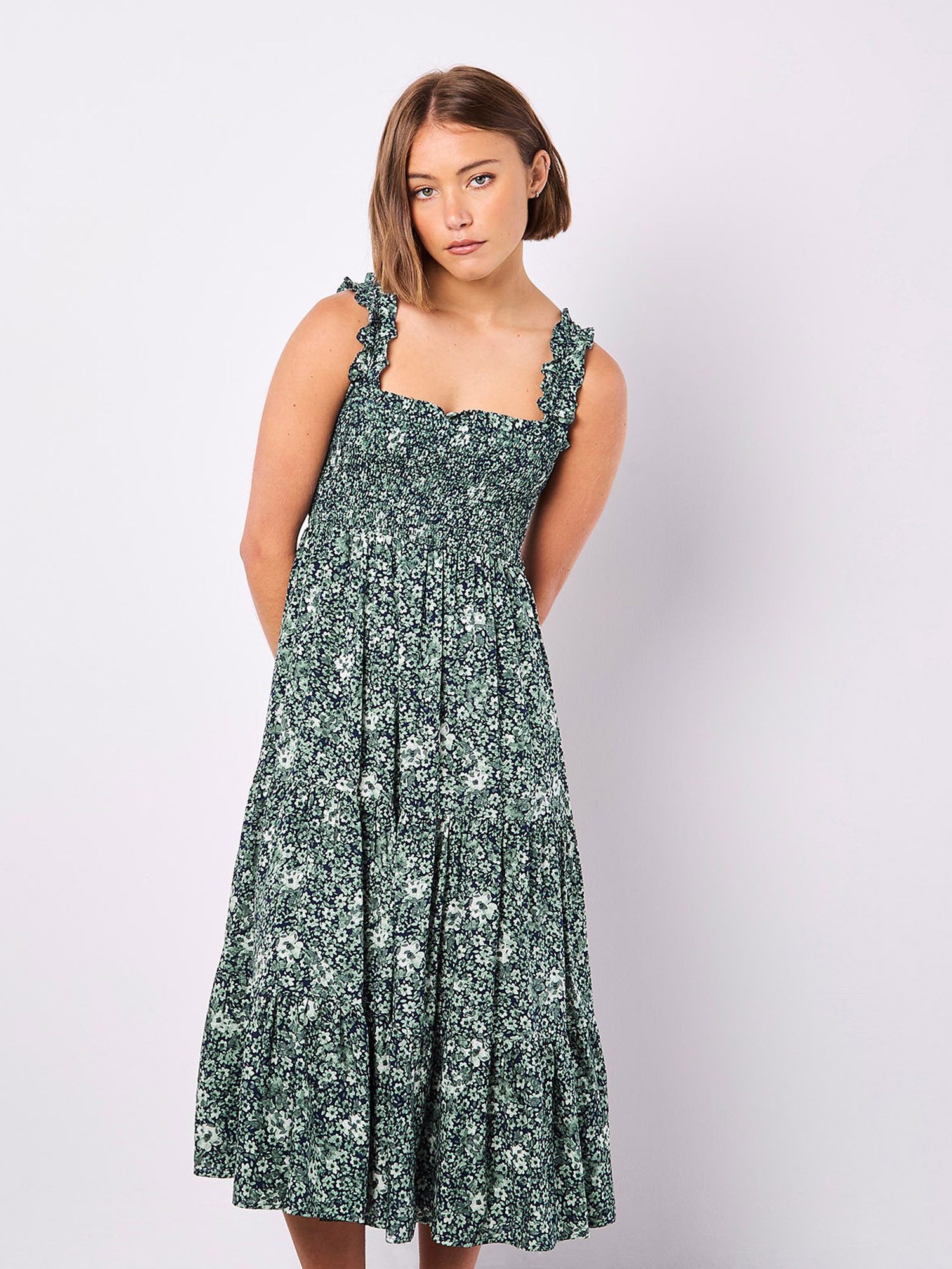 Apricot Druckkleid Ditsy Midikleid mit floralem Muster